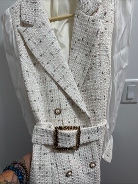 Simple Cream Tweed Belted Dress with Pearl Buttons